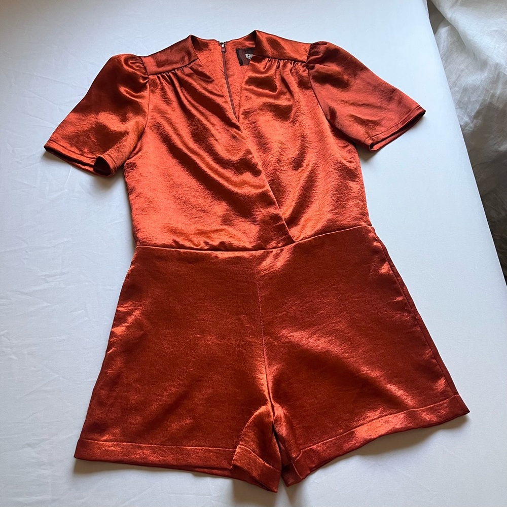REFORMATION orange satin surplice short sleeve romper